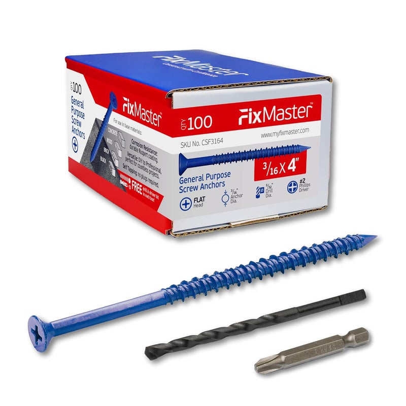 FixMaster 3/16 x 4 Countersunk Phillips Flat Head Blue Concrete Screw Anchors (100 pcs Screw Kit) with one Screwdriver and Drill Bit for Concrete, Masonry, Block, Brick and Wood Fastening - Image 1